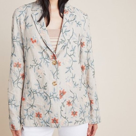 New Beige Striped Sally Embroidered Blazer by Harlyn for Anthropologie Size Med - Picture 1 of 9